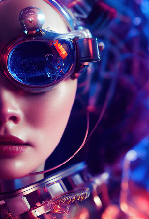 Portrait of a fictional beautiful cyberpunk fashionista wearing beautiful cyberpunk glasses. Creative beautiful fantasy girl. 3D renderingの素材