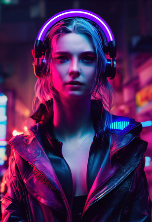 Fictional portrait of a sci-fi cyberpunk girl. High-tech futuristic woman from the future. The concept of virtual reality and cyberpunk. 3D render.の素材