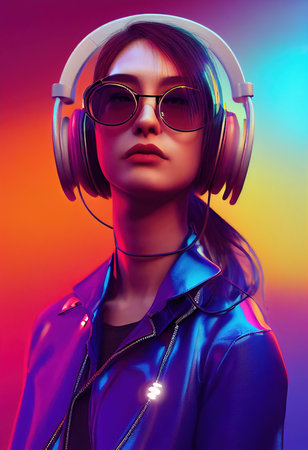 A fictional person, not based on a real person. A portrait of a creative beauty wearing fancy headphones. A lover of fashionable music against a backdrop of bright colorful lights. 3d renderingの素材