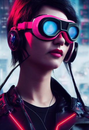 A fictional person, not based on a real person. A portrait of a sci-fi cyberpunk girl wearing cyberpunk glasses. High-tech futuristic woman from the future. The concept of cyberpunk. 3D render.の素材