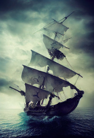 An ancient pirate ship with tattered sails is sailing the ocean. The concept of a pirate adventure. 3D render.の素材