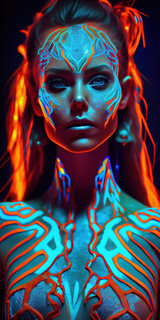 Portrait of a mystical fantasy bioluminescent neon woman. Glamorous fashionable lady. Generative AI Art.の素材