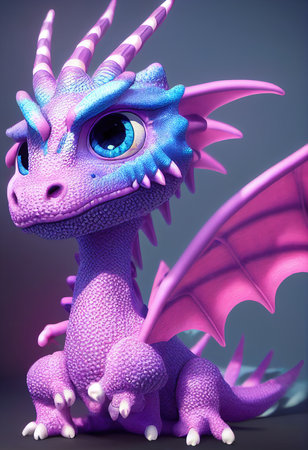 Portrait of a beautiful cute cartoon dragon. Image of a pink dragon. 3D rendering.の素材