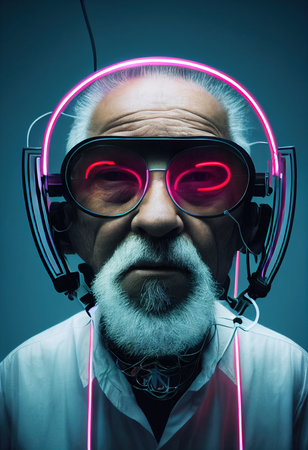 A fictional person, not based on a real person. A portrait of a grandfather in a futuristic cyberpunk style with a cyber headset. The concept of virtual reality and cyberpunk. 3D renderの素材