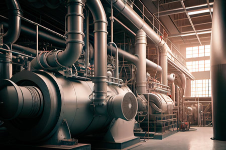 Modern boiler house with heating system. Water heating boiler. Generative AI Art.の素材