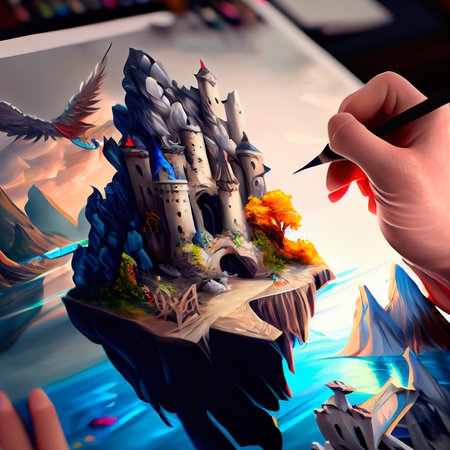 An artist drawing a castle. A top view of the artists workstation with samples of drawings and pencils. Artist at work. Generative AI Art.の素材