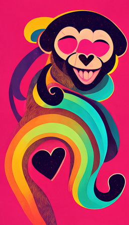 Abstract surrealistic animal in love. Lots of colorful flowers, pink hearts, rainbows and multicolored smoke. Colorful wonderful dream abstraction.の素材