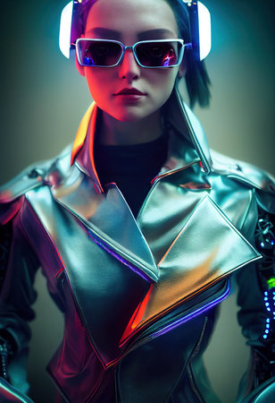Portrait of a sci-fi cyberpunk girl. High-tech futuristic woman from the future. The concept of virtual reality and cyberpunk. Generative AI Art.の素材