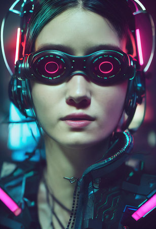 Realistic portrait of a fictional punk girl with headphones and black hair. Hipster girl with punk hair. 3D renderの素材