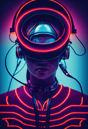 Realistic portrait of a sci-fi cyberpunk girl. High-tech futuristic woman from the future. The concept of virtual reality and cyberpunk. 3D render.の素材