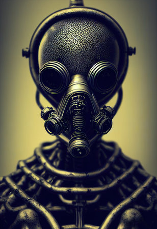 A stalker survivor in protective clothing and an old gas mask. Survivor of nuclear war. 3D renderの素材