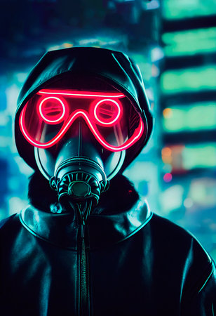 A stalker survivor in protective clothing and an neon gas mask. Survivor of nuclear war. 3d renderingの素材