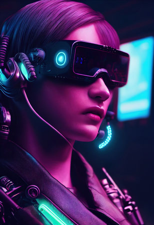 Realistic portrait of a sci-fi cyberpunk girl. High-tech futuristic man from the future. The concept of virtual reality and cyberpunk. 3D render.の素材