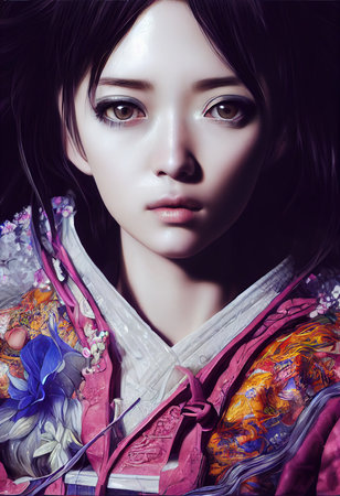 A fictional person, not based on a real person. Abstract portrait of a beautiful fictional girl. Fashionable cute woman. Creative beautiful girl. 3d renderingの素材