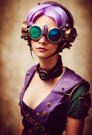 Portrait of a fictional beautiful steampunk girl with beautiful hair and steampunk glasses. 3D renderingの素材
