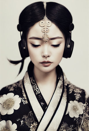 A young beautiful geisha in a kimono and headphones. Portrait of a beautiful geisha in a black and gold kimono. 3D rendering.の素材