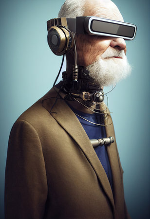 Fictional portrait of a grandfather in a futuristic cyberpunk style with a cyber headset. A high-tech man from the future. The concept of virtual reality and cyberpunk. 3D renderの素材