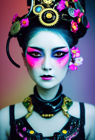 A fictional person, not based on a real person. Portrait of a Victorian steampunk robot with beautiful makeup. Artistic abstract steampunk fantasy. The concept of a vintage robot. 3d renderingの素材
