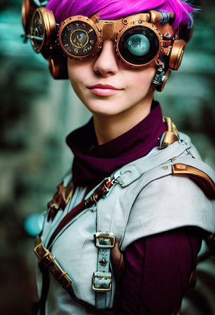 Portrait of a fictional beautiful steampunk girl with beautiful hair and steampunk glasses. 3D renderingの素材