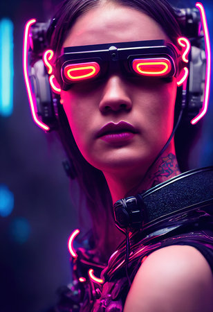 Realistic portrait of a sci-fi cyberpunk girl. High-tech futuristic man from the future. The concept of virtual reality and cyberpunk. 3D render.の素材