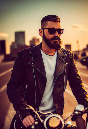 Handsome, bearded, brutal biker in a black leather jacket against the road. 3d renderingの素材