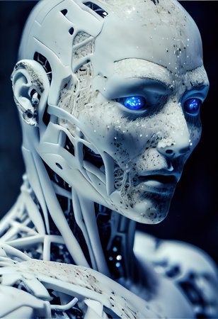 Portrait of a futuristic robot. An artistic abstract cyberpunk fantasy. Concept of a modern robot. Generative AI Artの素材
