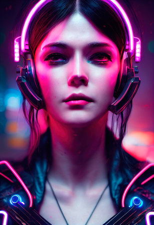 Fictional portrait of a sci-fi cyberpunk girl. High-tech futuristic woman from the future. The concept of virtual reality and cyberpunk. 3D render.の素材