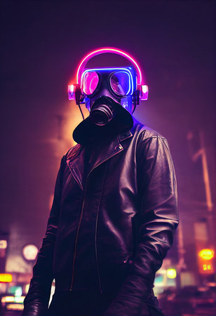 A fictional person, not based on a real person. Portrait of a sci-fi cyberpunk man. High-tech futuristic man from the future. The concept of virtual reality and cyberpunk. 3D render.の素材