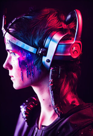 Realistic portrait of a sci-fi cyberpunk warrior. High-tech futuristic woman from the future. The concept of virtual reality and cyberpunk. 3D render.の素材