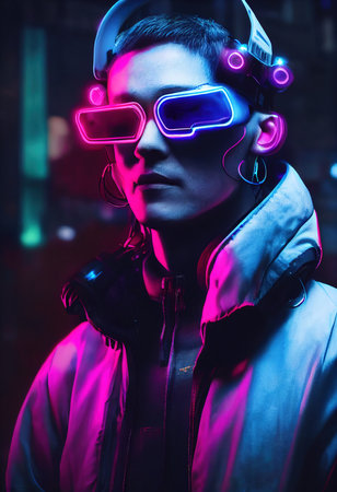 Portrait of a man wearing a cyberpunk headset, neon virtual glasses, and cyberpunk gear. A high-tech futuristic man from the future. The concept of virtual reality and cyberpunk. 3D rendering.の素材