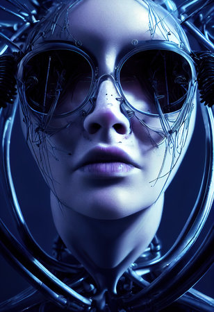 Portrait of a futuristic female robot. An artistic abstract steampunk fantasy. Concept of a modern robot. 3d renderingの素材