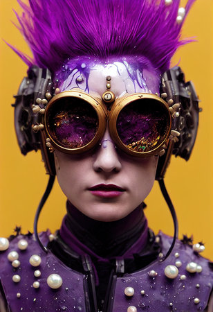 Abstract portrait of a fantasy cyberpunk girl. High-tech futuristic woman from the future. Concept of virtual reality and cyberpunk. 3D rendering.の素材