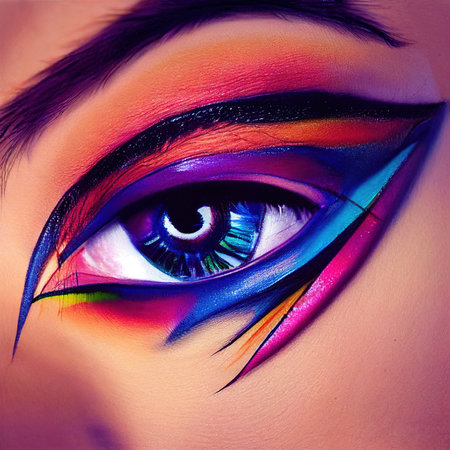 Eye with beautiful makeup close-up. The eye of a fashionable woman with bright colors. 3D rendering.の素材