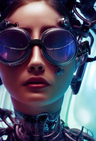 Portrait of a fictional beautiful cyberpunk fashionista wearing beautiful cyberpunk glasses. Creative beautiful fantasy girl. 3D renderingの素材