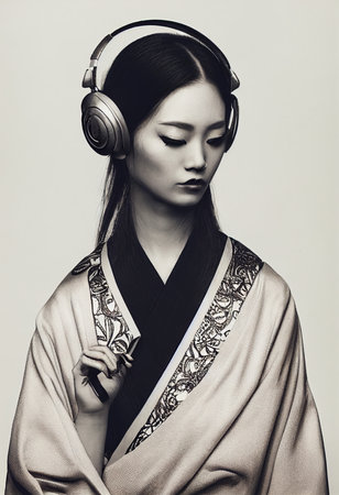 A young beautiful geisha in a kimono and headphones. Portrait of a beautiful geisha in a black and gold kimono. 3D rendering.の素材