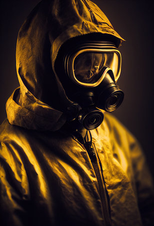 Portrait of a stalker survivor in hazmat and wearing an old gas mask against an apocalyptic background. Survivor of nuclear war. 3d renderingの素材