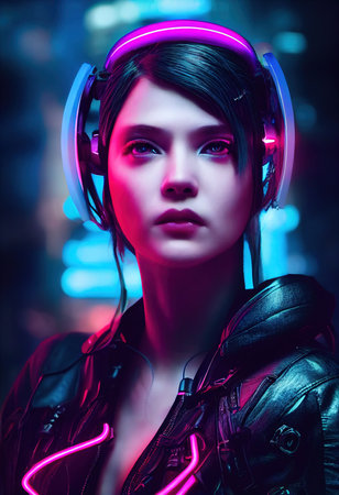 Fictional portrait of a sci-fi cyberpunk girl. High-tech futuristic woman from the future. The concept of virtual reality and cyberpunk. 3D render.の素材