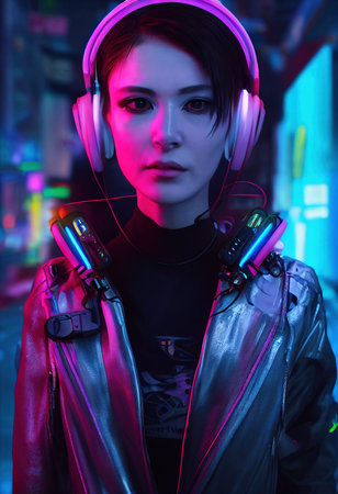 Fictional portrait of a sci-fi cyberpunk girl. High-tech futuristic woman from the future. The concept of virtual reality and cyberpunk. 3D render.の素材