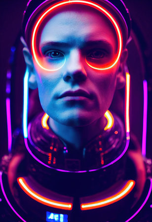 A fictional person, not based on a real person. Portrait of a sci-fi cyberpunk boy. High-tech futuristic man from the future. The concept of virtual reality and cyberpunk. 3D render.の素材