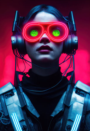 Fictional portrait of a sci-fi cyberpunk girl. High-tech futuristic woman from the future. The concept of virtual reality and cyberpunk. 3D render.の素材