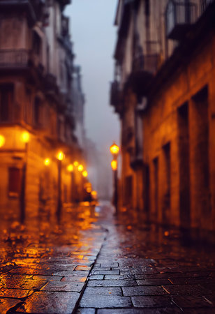 A medieval street with old houses in the morning fog. The concept of an old medieval city.の素材