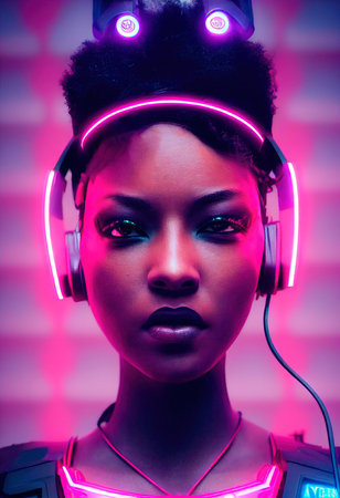 A realistic portrait of a ebony girl wearing a cyberpunk headset and cyberpunk gear. High-tech futuristic man from the future. The concept of virtual reality and cyberpunk. 3D renderの素材
