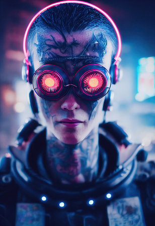 A realistic portrait of a man wearing a cyberpunk headset and cyberpunk gear. High-tech futuristic man from the future. The concept of virtual reality and cyberpunk. 3D renderの素材