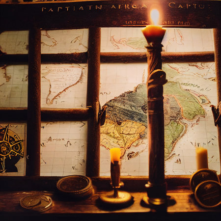 An ancient pirate map in the cabin of a pirate ship. Image of an ancient ancient pirate map. An ancient paper pirate scroll. 3d renderingの素材