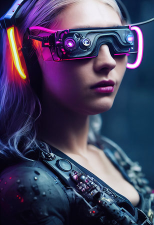 Fictional portrait of a sci-fi cyberpunk girl. High-tech futuristic woman from the future. The concept of virtual reality and cyberpunk. 3D render.の素材