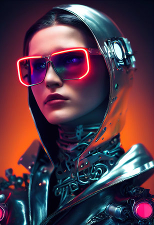 A fictional person, not based on a real person. Portrait of a sci-fi cyberpunk girl. High-tech futuristic woman from the future. The concept of virtual reality and cyberpunk. 3D render.の素材