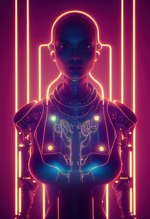 Portrait of a futuristic female robot. An artistic abstract steampunk fantasy. Concept of a modern robot. 3d renderingの素材