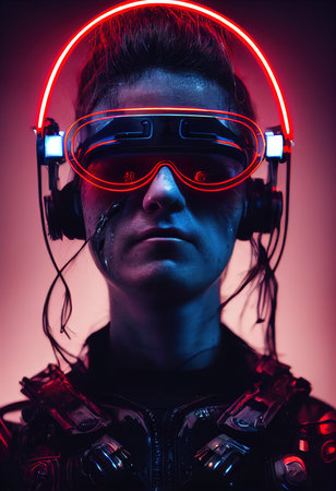 Portrait of a man wearing a cyberpunk headset, neon virtual glasses, and cyberpunk gear. A high-tech futuristic man from the future. The concept of virtual reality and cyberpunk. 3D rendering.の素材