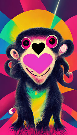 Abstract surrealistic animal in love. Lots of colorful flowers, pink hearts, rainbows and multicolored smoke. Colorful wonderful dream abstraction.の素材