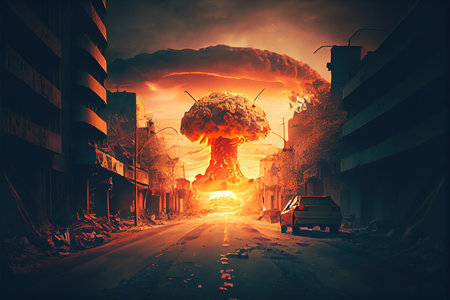 A nuclear explosion in a metropolis. The mushroom of an atomic explosion. Destroyed buildings, destroyed roads, blown up skyscrapers. The concept of the apocalypse. Generative AI Artの素材